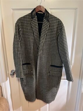 CELINE Wool Blend Coat with Leather Collar - Black & Cream